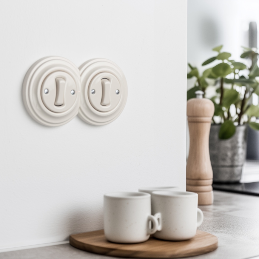 Reblig - Doppelter Retro-Einpolschalter mit Rahmen Nr. 1, Beige