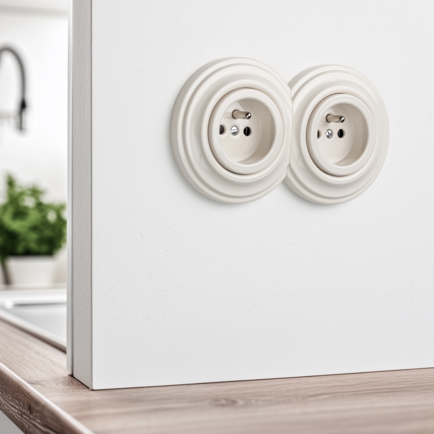 Reblig - Doppel‑Retro‑Wandsteckdose mit Rahmen, 230 V, beige