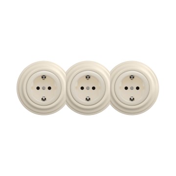 Reblig - Dreifach-Retro-Haussteckdose mit Rahmen, SCHUKO 230 V, beige