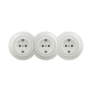 Reblig – Dreifach-Retro-Steckdose für den Wohnbereich mit Rahmen, SCHUKO 230 V, weiße Keramik