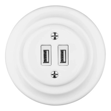 Reblig - Porzellan-Retro-USB-Steckdose mit Rahmen 2x USB-A weiß