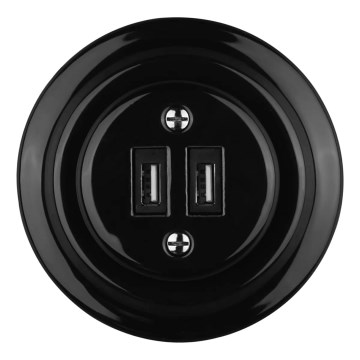 Reblig - Porzellan-Retro-USB-Steckdose mit Rahmen 2xUSB-A schwarz