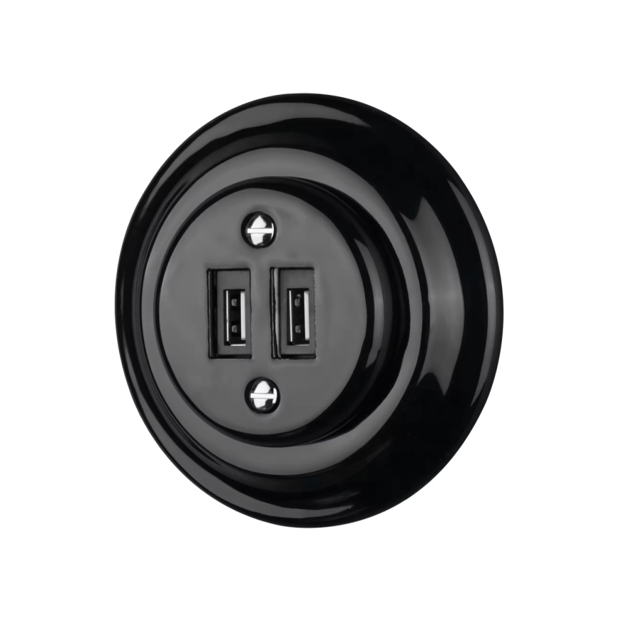 Reblig - Porzellan-Retro-USB-Steckdose mit Rahmen 2xUSB-A schwarz