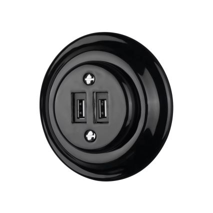 Reblig - Retro-Porzellan-USB-Steckdose, rahmenlos, 2x USB-A, schwarz