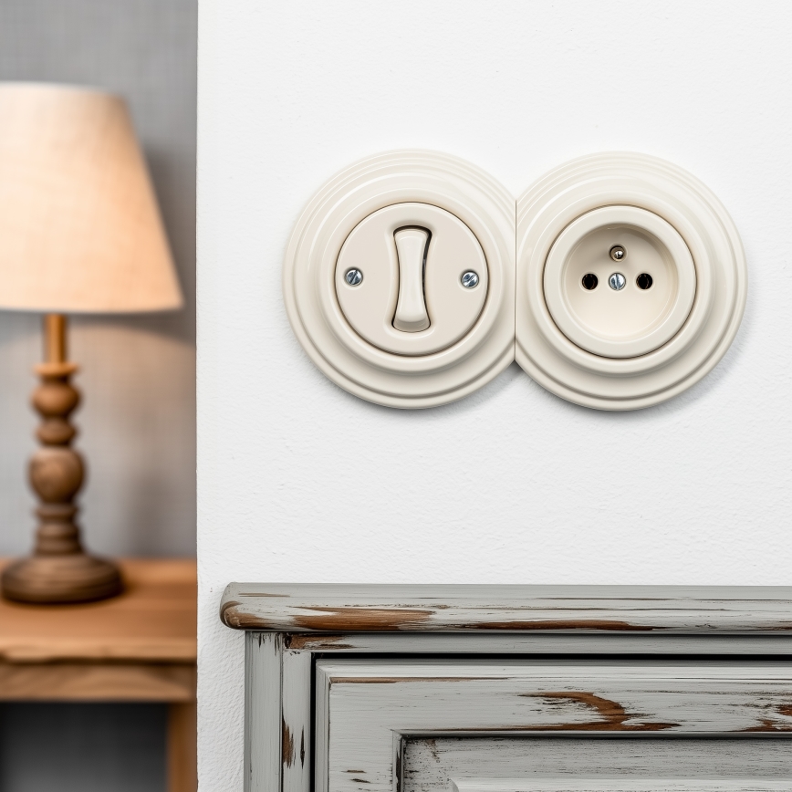 Reblig - Retro-einpoliger Schalter Nr. 1 und 230V-Steckdose mit Rahmen, beige