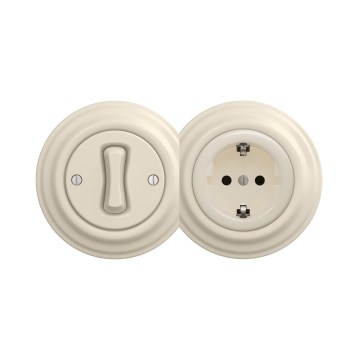 Reblig - Retro einpoliger Schalter Nr. 1 und SCHUKO-Steckdose 230 V mit Rahmen, beige
