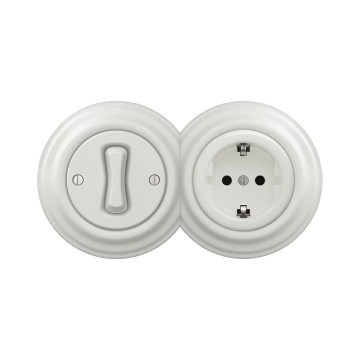 Reblig - Retro-Einpolschalter Nr. 1 und SCHUKO-Steckdose 230 V mit keramischem Rahmen, weiß
