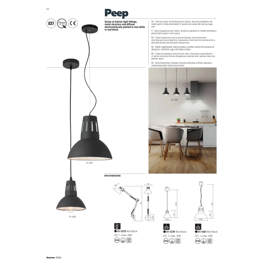 Redo 01-1281 - Pendelleuchte an Kabel PEEP 1xE27/42W/230V Ø 34,5 cm schwarz