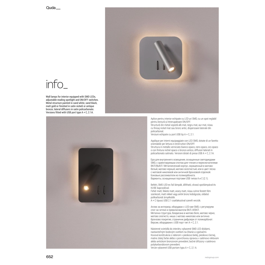 Redo 01-1491 - LED-Wandleuchte QUDA, LED/6W/230V + LED/3W CRI 90, USB, weiß