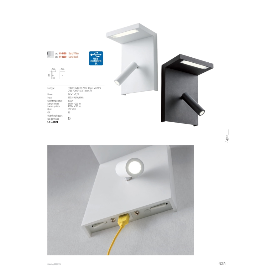 Redo 01-1500 - LED-Wandstrahler AGOS LED/6W/230V + LED/3,2W USB schwarz