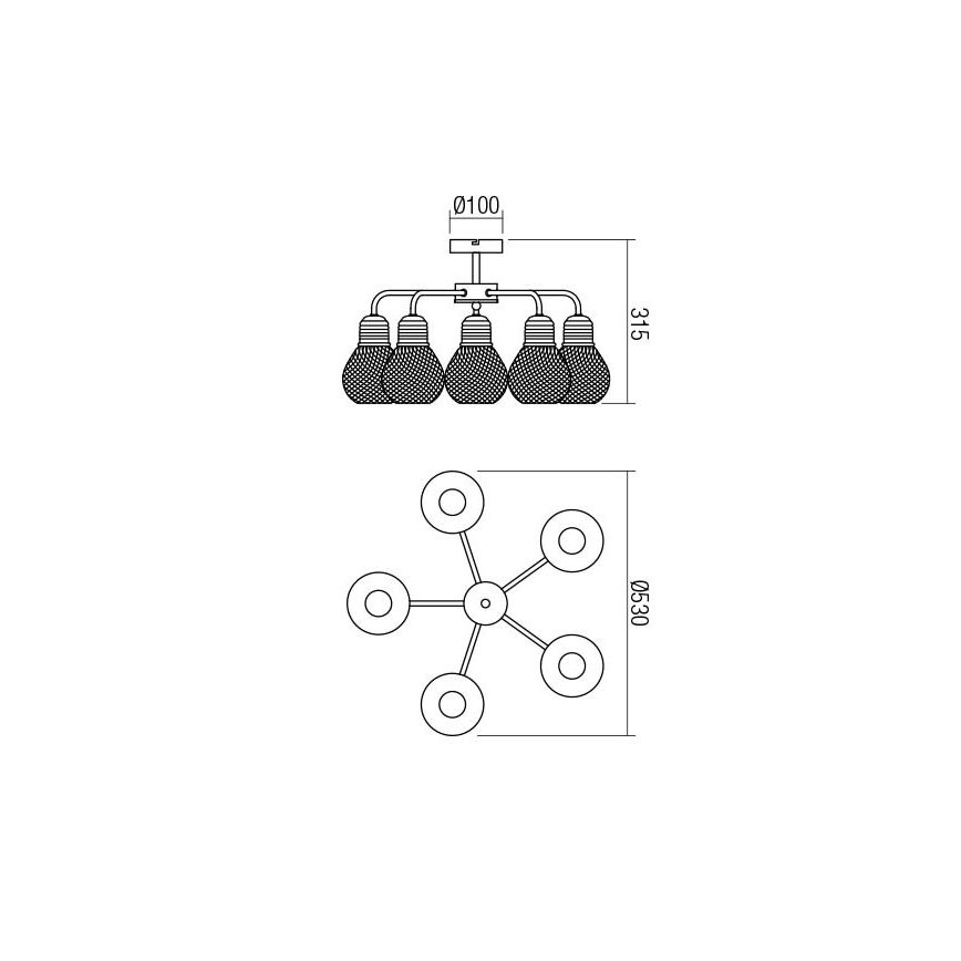 Redo 01-1577 - Deckenleuchte an Stange EDISON 5xE27/42W/230V Ø 53 cm schwarz/kupferfarben