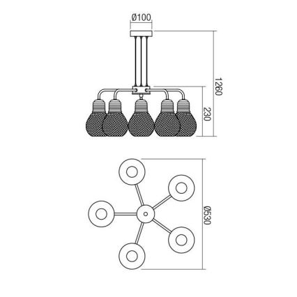 Redo 01-1580 - Hängeleuchte mit Kabelaufhängung EDISON 5xE27/42W/230V Ø 53 cm schwarz/kupfer