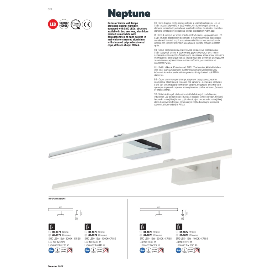 Redo 01-1677 - LED-Beleuchtung für Badezimmerspiegel NEPTUNE, 18 W, 230 V, 89,5 cm, IP44, Weiß