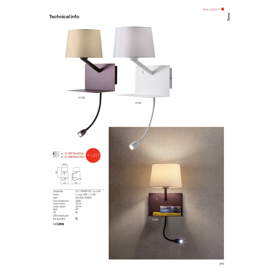 Redo 01-1807 - LED-Wandleuchte mit kleiner und flexibler Lampe TOMO 1xE27/42W/230V + LED/3W/230V weiß