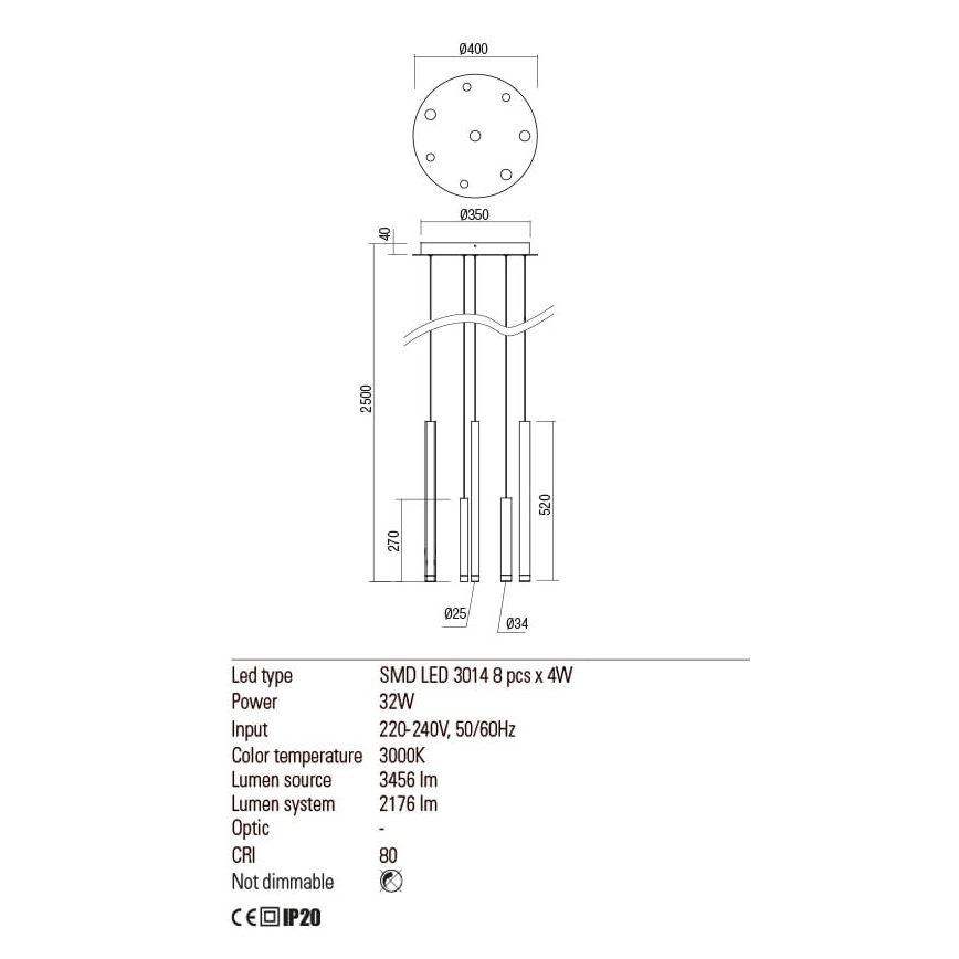 Redo 01-2050 - LED-Hängeleuchte an Schnur MADISON 8xLED/4W/230V golden