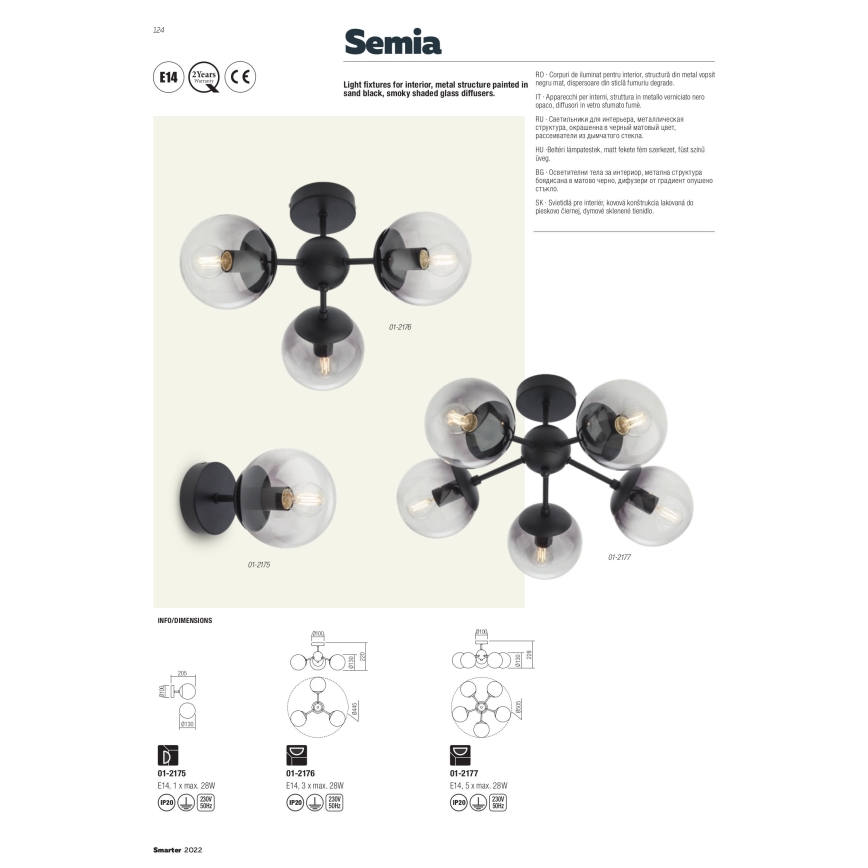 Redo 01-2175 - Wandleuchte SEMIA 1xE14/28W/230V schwarz/rauchglas