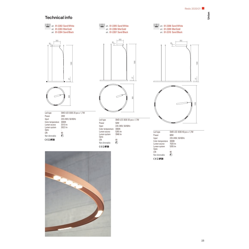 Redo 01-2205 - LED-Hängeleuchte an Schnur UNION LED/50W/230V CRI 90 3000K d 90 cm weiß