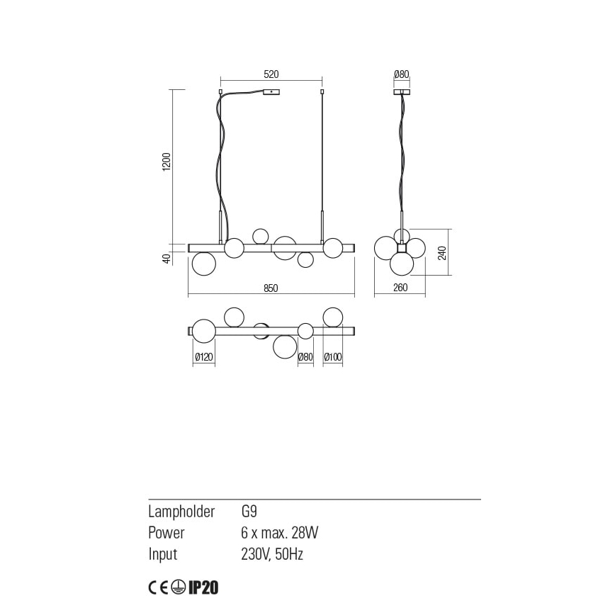 Redo 01-2374 - Hängeleuchte an Schnur GOJI 6xG9/28W/230V golden