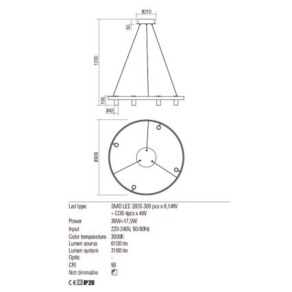 Redo 01-2492 - LED-Hängeleuchte an Schnur SUMMIT LED/53,5W/230V CRI 90 d 80,8 cm golden