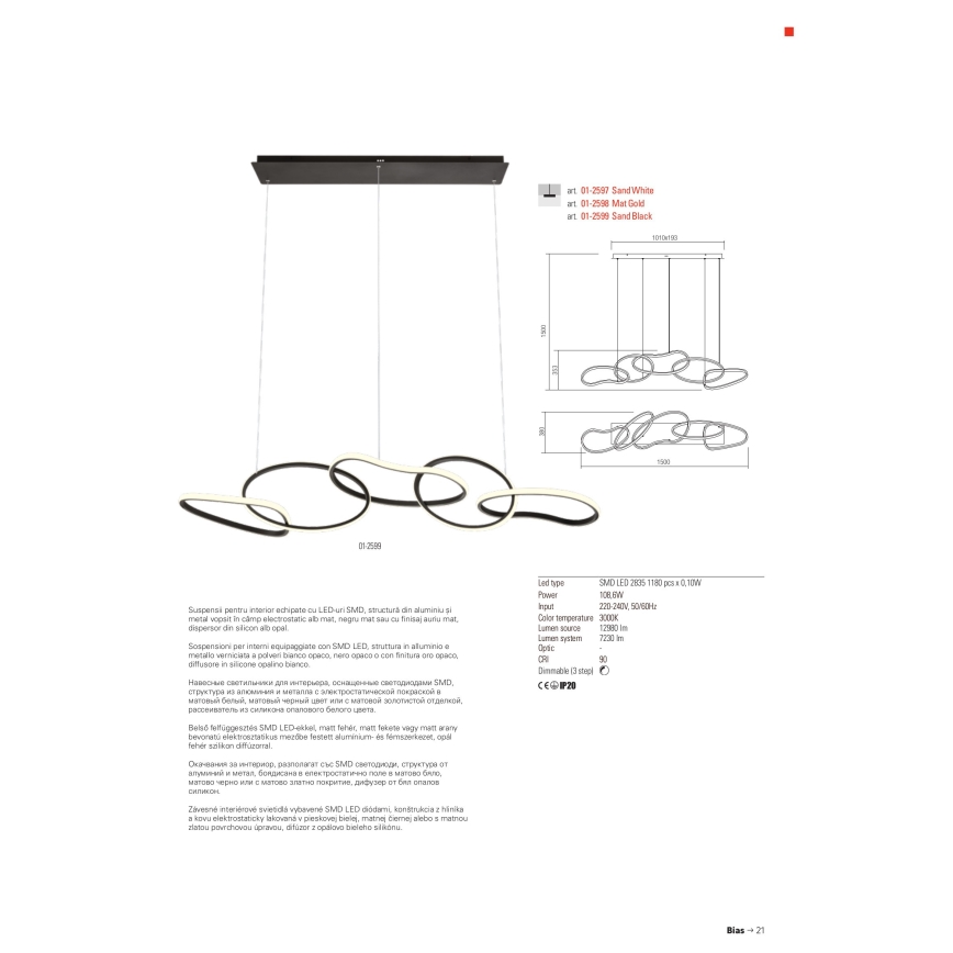 Redo 01-2599 - Dimmbare LED-Hängeleuchte an Schnur BIAS LED/108,6W/230V CRI 90 3000K schwarz