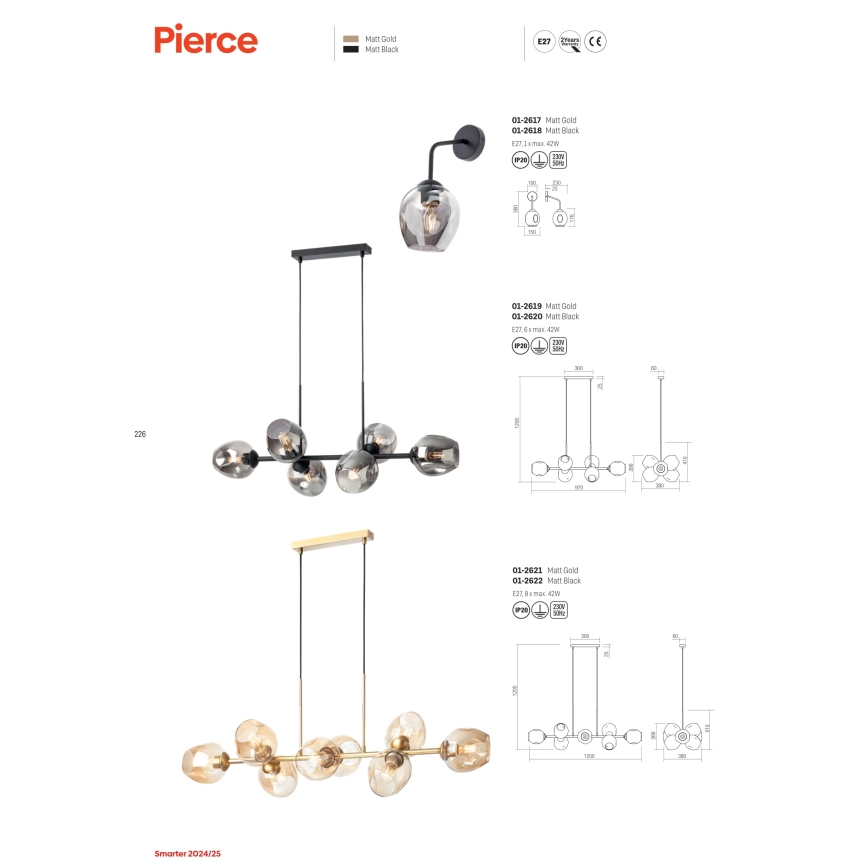 Redo 01-2617 - Wandleuchte PIERCE 1xE27/42W/230V golden/rauchig