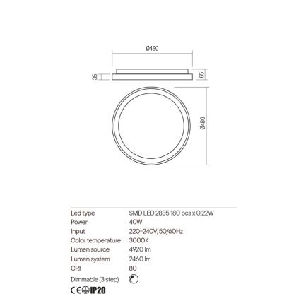 Redo 01-2667 - Dimmbare LED-Deckenleuchte ICONIC LED/40W/230V d 48 cm golden