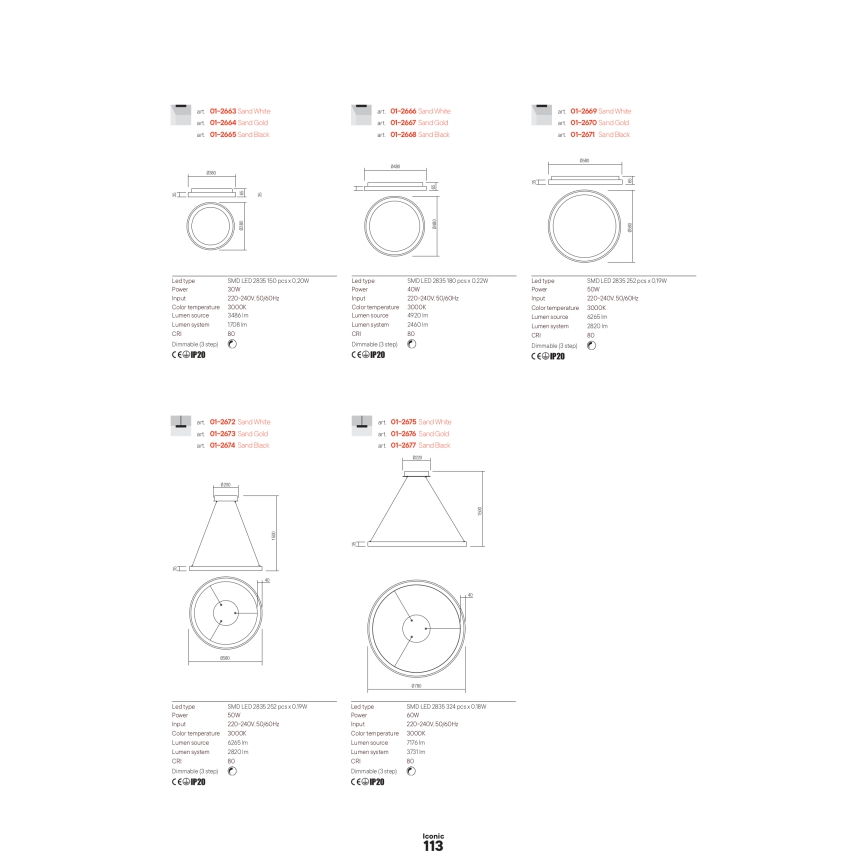 Redo 01-2675 - ICONIC dimmbare LED-Pendelleuchte an Kabel, LED/60W/230V, Durchmesser 78 cm, weiß