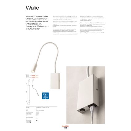 Redo 01-2754 - LED-Wandlampe WALLIE LED/3W/230V USB CRI 90 weiß