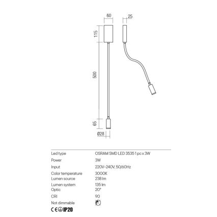 Redo 01-2754 - LED-Wandlampe WALLIE LED/3W/230V USB CRI 90 weiß