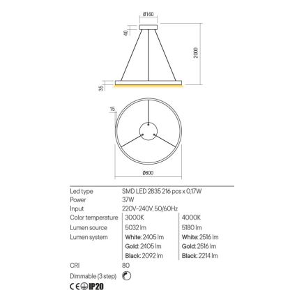 Redo 01-2865 - Dimmbare LED-Hängeleuchte an Schnur FEBE LED/37W/230V golden