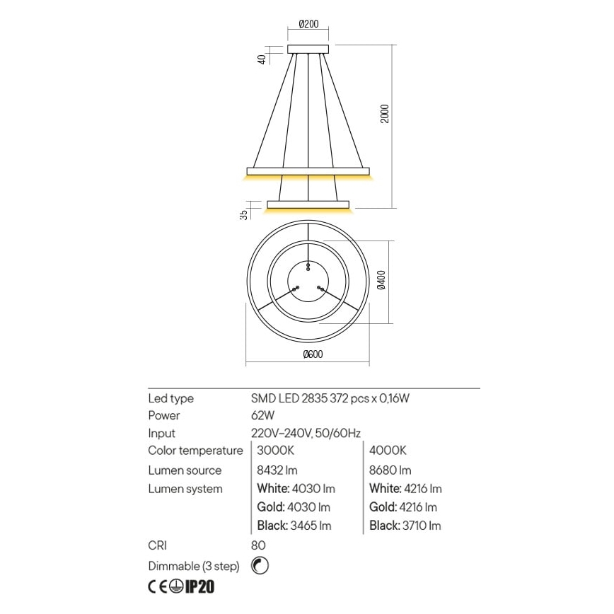 Redo 01-2889 - LED-dimmbare Pendelleuchte an Kabel FEBE LED/62W/230V goldfarben