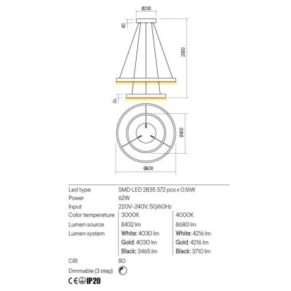 Redo 01-2891 - Dimmbare LED-Hängeleuchte an Schnur FEBE LED/62W/230V schwarz