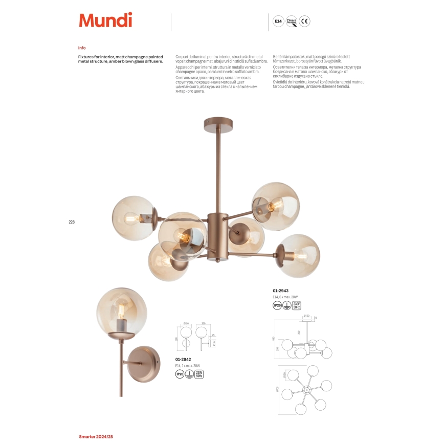 Redo 01-2942 - Wandleuchte MUNDI 1xE14/28W/230V Kupfer/Rauchglas