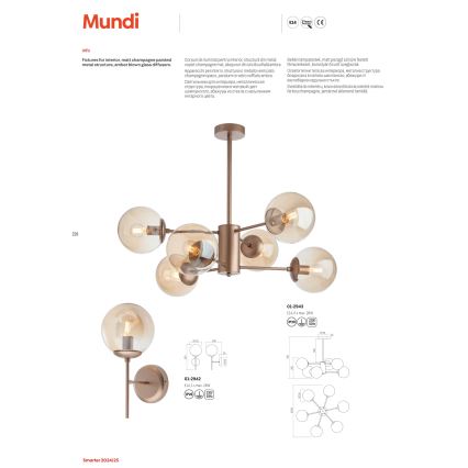 Redo 01-2943 - Pendelleuchte mit Stange MUNDI 6xE14/28W/230V Kupfer/rauchfarben