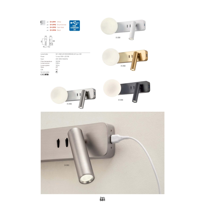 Redo 01-2993 - LED-Wandleuchte OASIS LED/3W/230V + 1xG9/10W USB CRI 90 glänzender Chrom