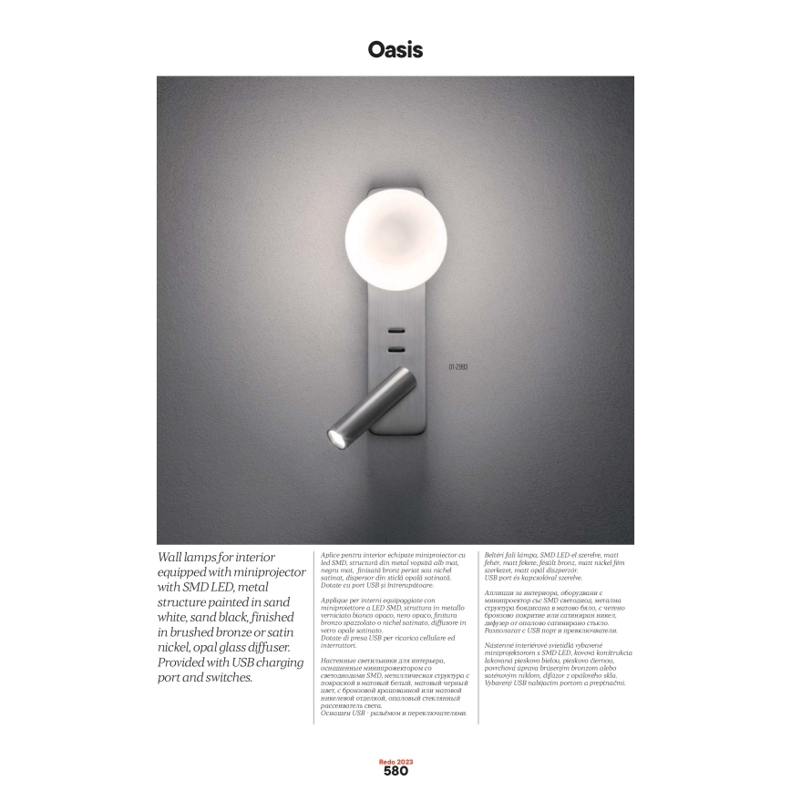 Redo 01-2994 - OASIS LED-Wandleuchte LED/3W/230V + 1xG9/10W USB CRI 90 schwarz