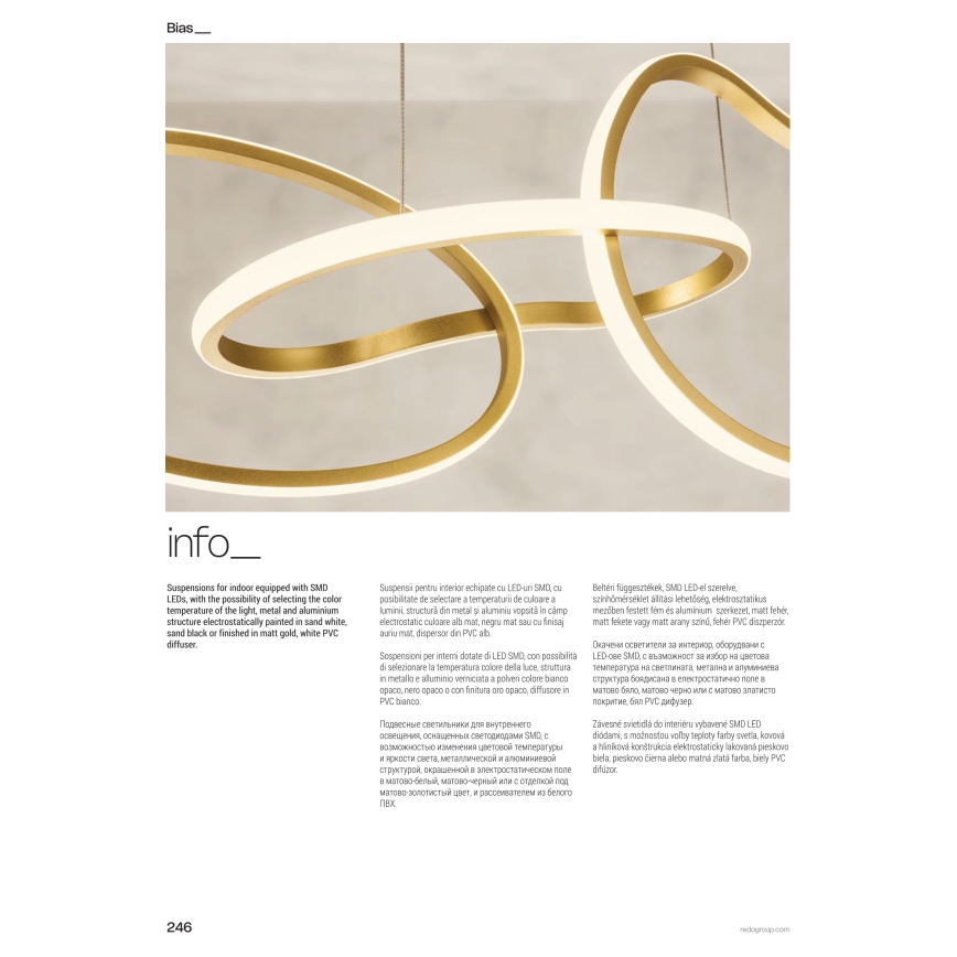 Redo 01-3392 - Dimmbare LED-Pendelleuchte BIAS mit Kabelaufhängung LED/120W/230V 3000/4500/6500K CRI 90 goldfarben