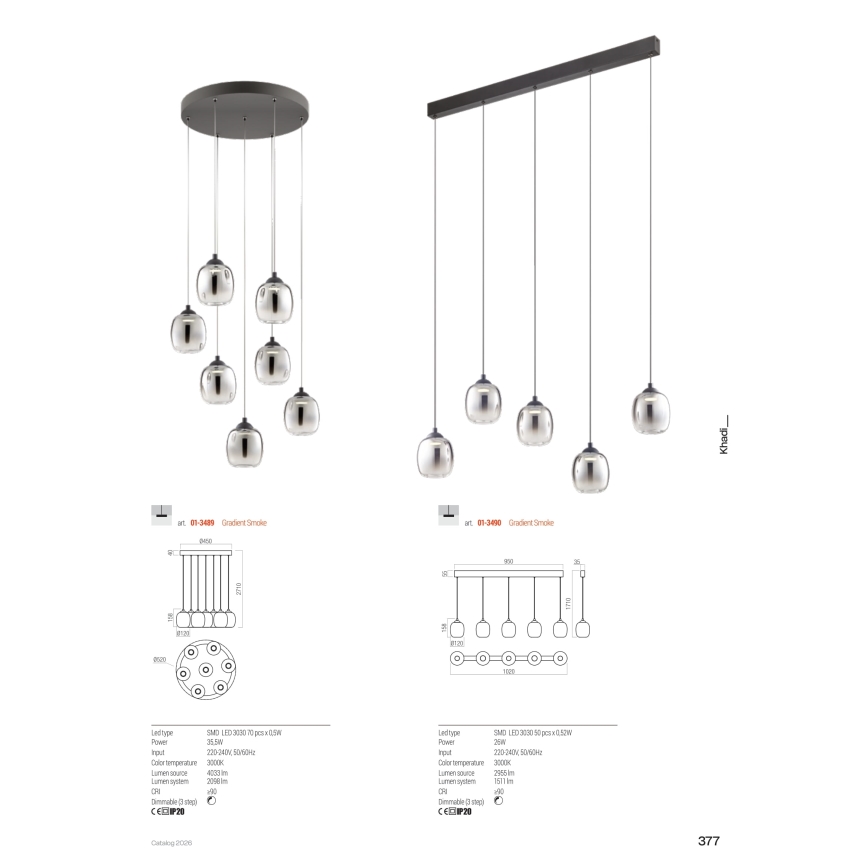 Redo 01-3490 - LED dimmbare Hängeleuchte an Drahtseil KHADI 5xLED/5,2W/230V CRI 90 schwarz/rauchgrau