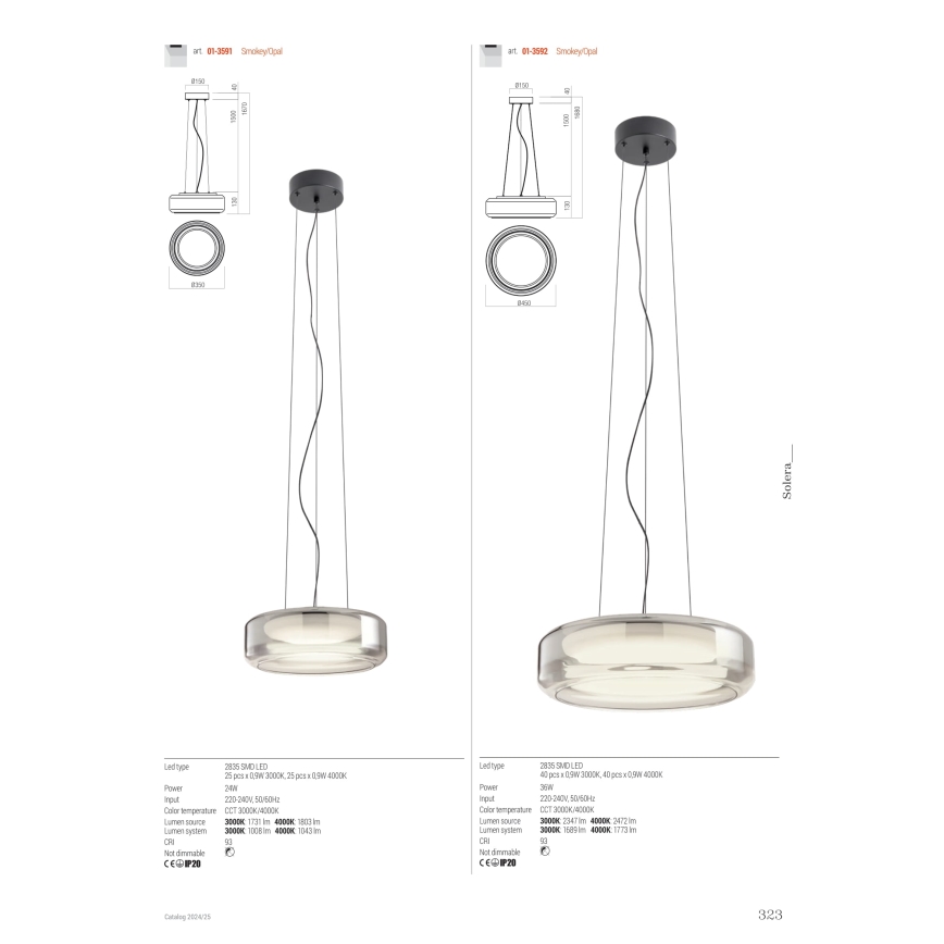 Redo 01-3592 - LED-Hängeleuchte SOLERA LED/36W/230V d 45 cm CRI 93 3000/4000K grau