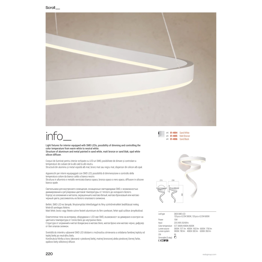 Redo 01-4010 - dimmbare LED-Deckenleuchte SCROLL LED/38W/230V 3000K/4000K/6000K CRI 90 Ø 60 cm weiß