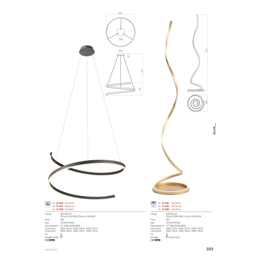Redo 01-4283 - Dimmbare LED-Stehleuchte SCROLL LED/30W/230V 3000K/4000K/6000K CRI 90 schwarz
