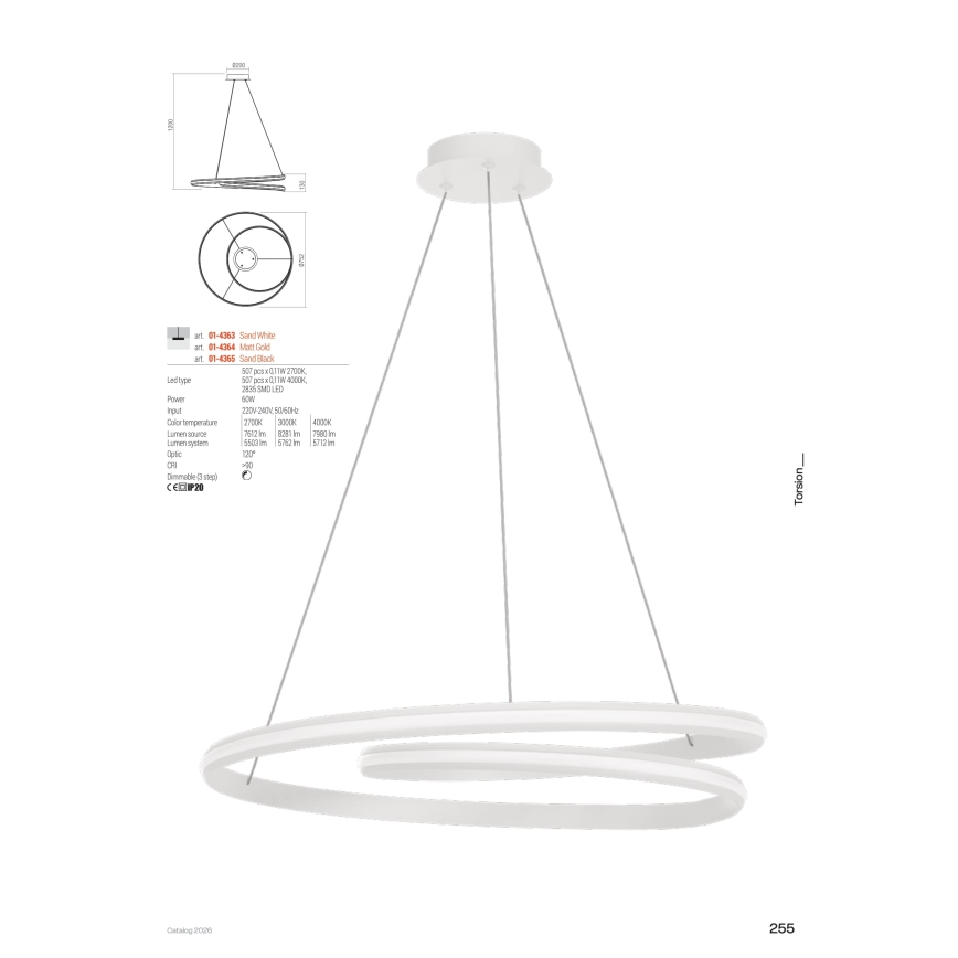 Redo 01-4363 - Dimmbare LED-Pendelleuchte an Kabel TORSION LED/60W/230V 2700/3000/4000K CRI 90 Ø 75,2 cm weiß
