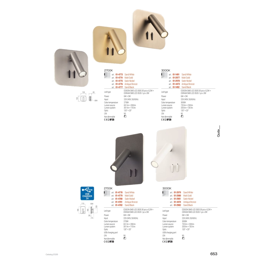 Redo 01-4473 - QUDA LED-Wandleuchte, LED 6W/230V + LED 3W, CRI 90, bronzefarben