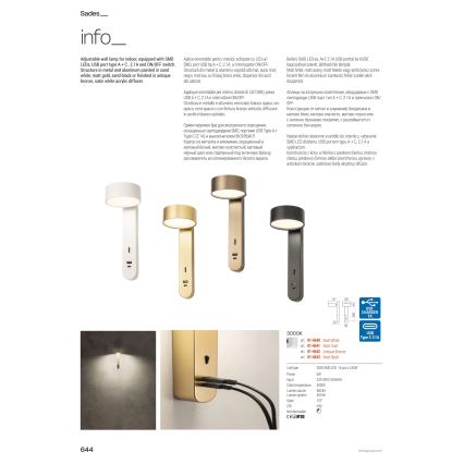 Redo 01-4641 - LED-Wandleuchte SADES LED/6W/230V CRI 90 USB goldfarben