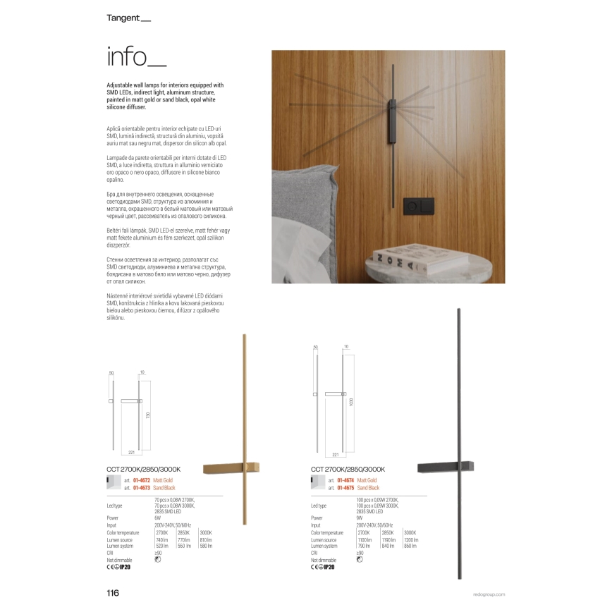 Redo 01-4672 - LED-Wandleuchte TANGENT LED/6W/230V 2700/2850/3000K 73 cm CRI 90 goldfarben