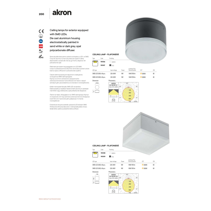 Redo 90107 - AKRON LED Außen-Deckenleuchte, 9 W/230 V, Ø 10,8 cm, IP54