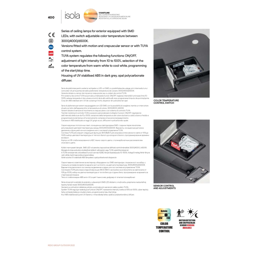 Redo 90292 - LED-Deckenleuchte für den Außenbereich mit Sensor ISOLA LED/24W/230V 26x26 cm 3000/4000/6500K IP54 anthrazit