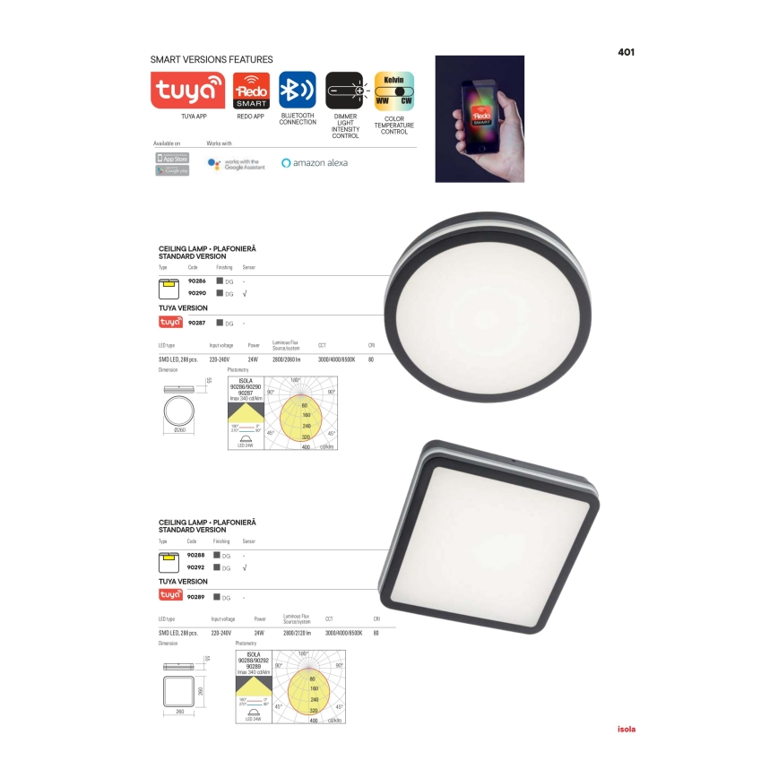 Redo 90292 - LED-Deckenleuchte für den Außenbereich mit Sensor ISOLA LED/24W/230V 26x26 cm 3000/4000/6500K IP54 anthrazit