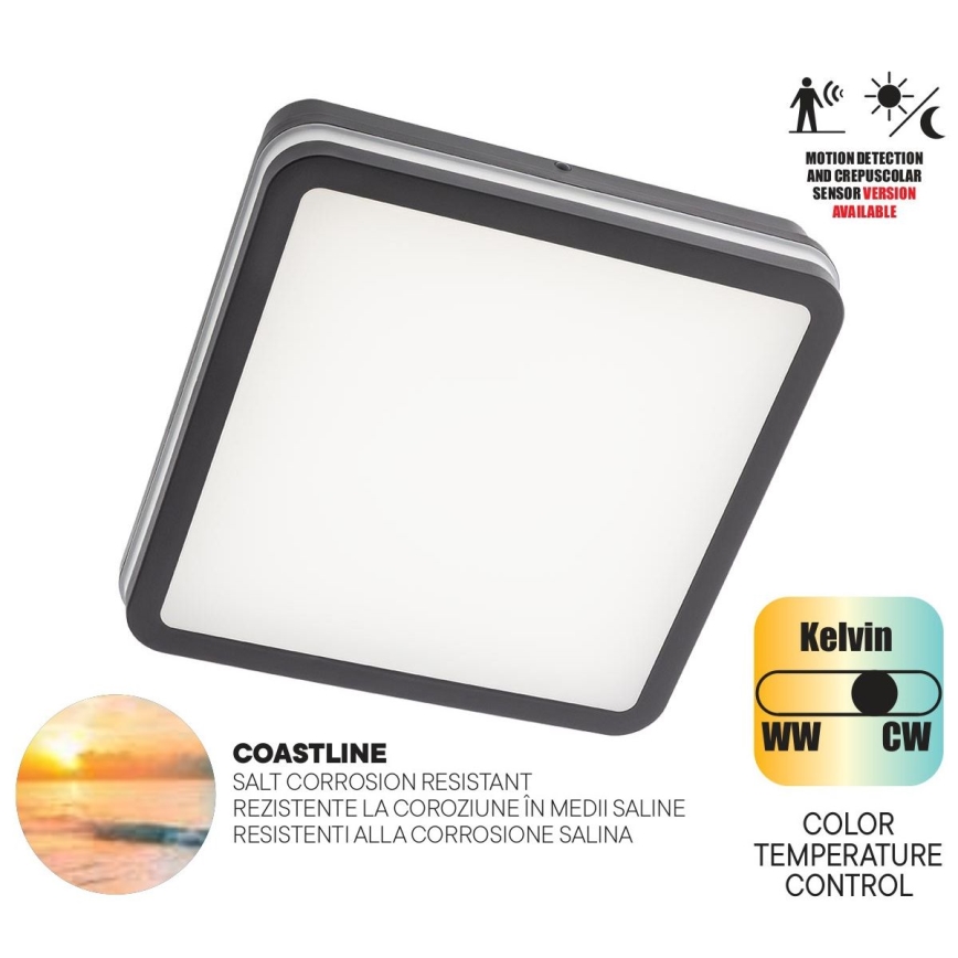 Redo 90292 - LED-Deckenleuchte für den Außenbereich mit Sensor ISOLA LED/24W/230V 26x26 cm 3000/4000/6500K IP54 anthrazit