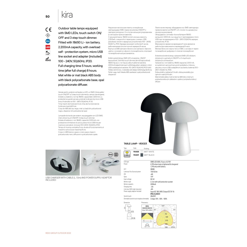 Redo 90439 - Dimmbare Touch-Außenleuchte KIRA, LED/4,7W/230V, 2200 mAh, IP44, schwarz